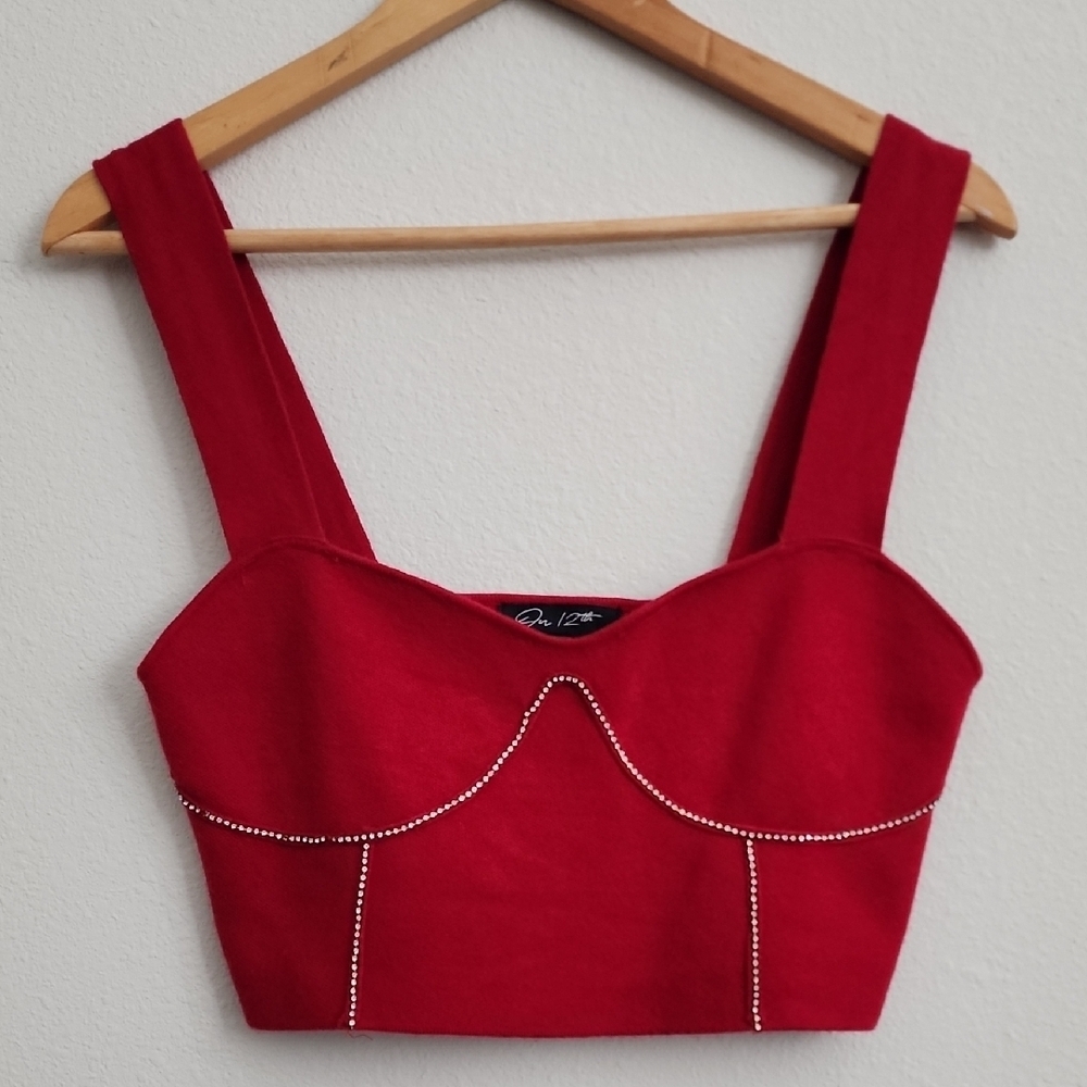 On 12th Cropped Rhinestone Embellished Red Tank Top